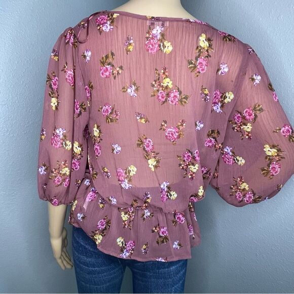 Lily White Floral 3/4 Sleeve Front Knot Blouse Wine With Yellow Pink Flowers Lrg - Picture 9 of 11
